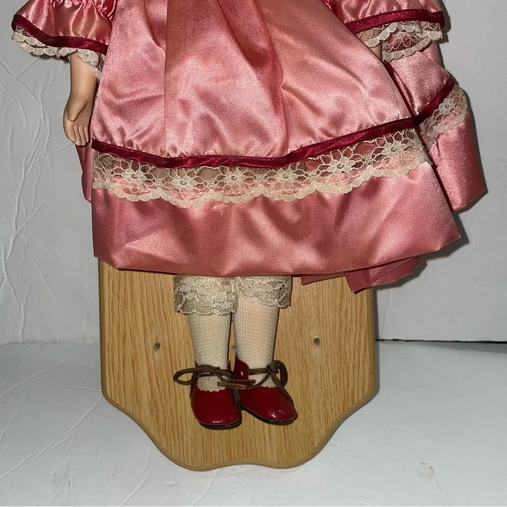 Vintage Porcelain Girl in Pink Dress Doll on Wooden Plaque Wall Decor